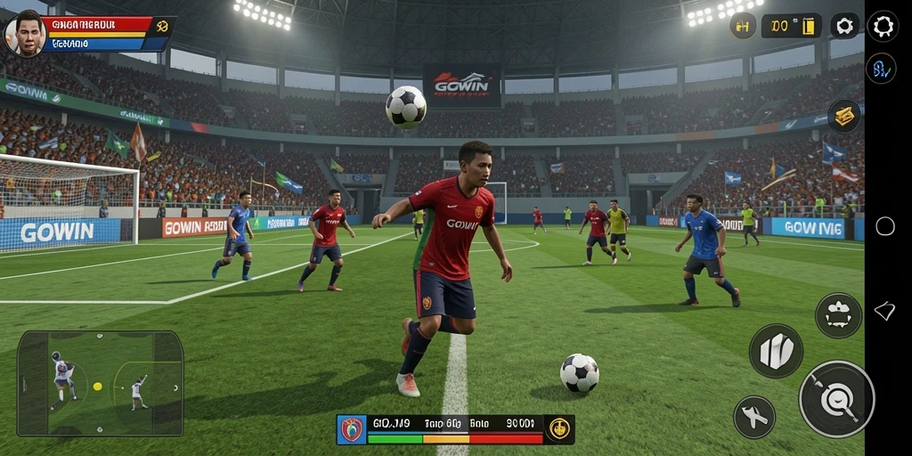 Tampilan gameplay GOWIN dengan aksi sepak bola seru.