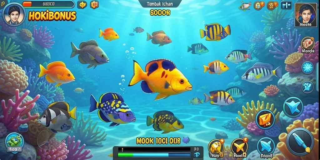 Gameplay seru HOKIBONUS dengan berbagai ikan yang menunggu untuk ditangkap.