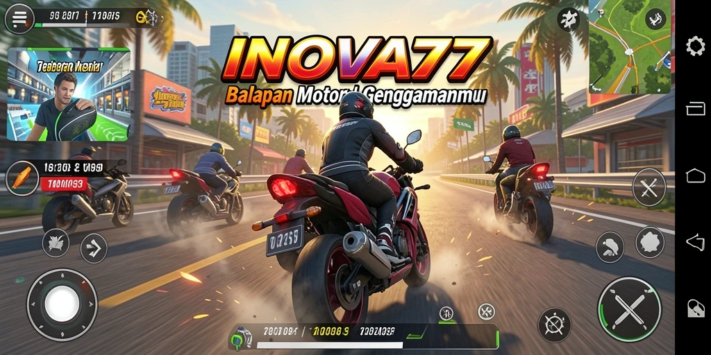 Tampilan gameplay seru dari INOVA77 saat balapan motor.
