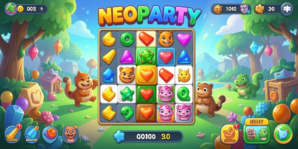 Tampilan gameplay NEOPARTY yang penuh warna dan seru.