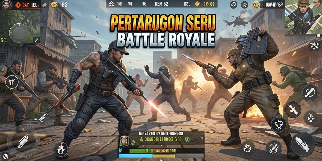 Tangkapan layar utama menunjukkan aksi berani dalam Battle Royale.
