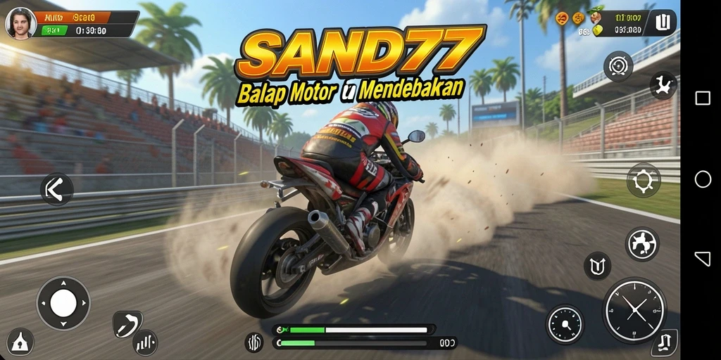 Gameplay seru dalam SAND77 dengan motor cepat dan trek menantang.