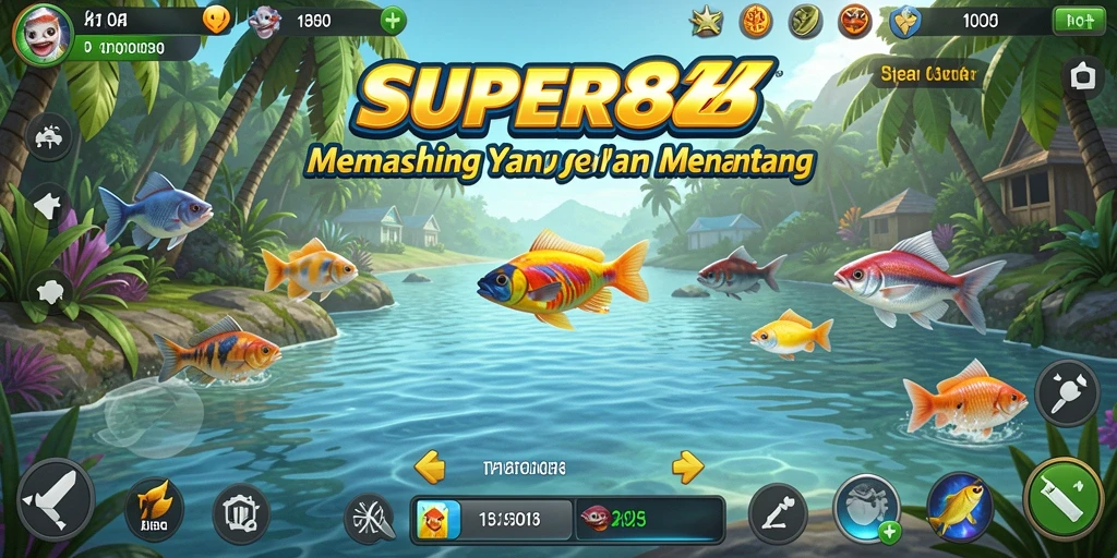 Gameplay SUPER88 dengan berbagai jenis ikan dan peralatan memancing.