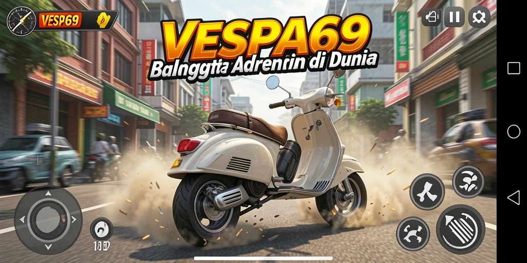 Tangkapan layar utama VESPA69 dengan aksi balapan yang seru.